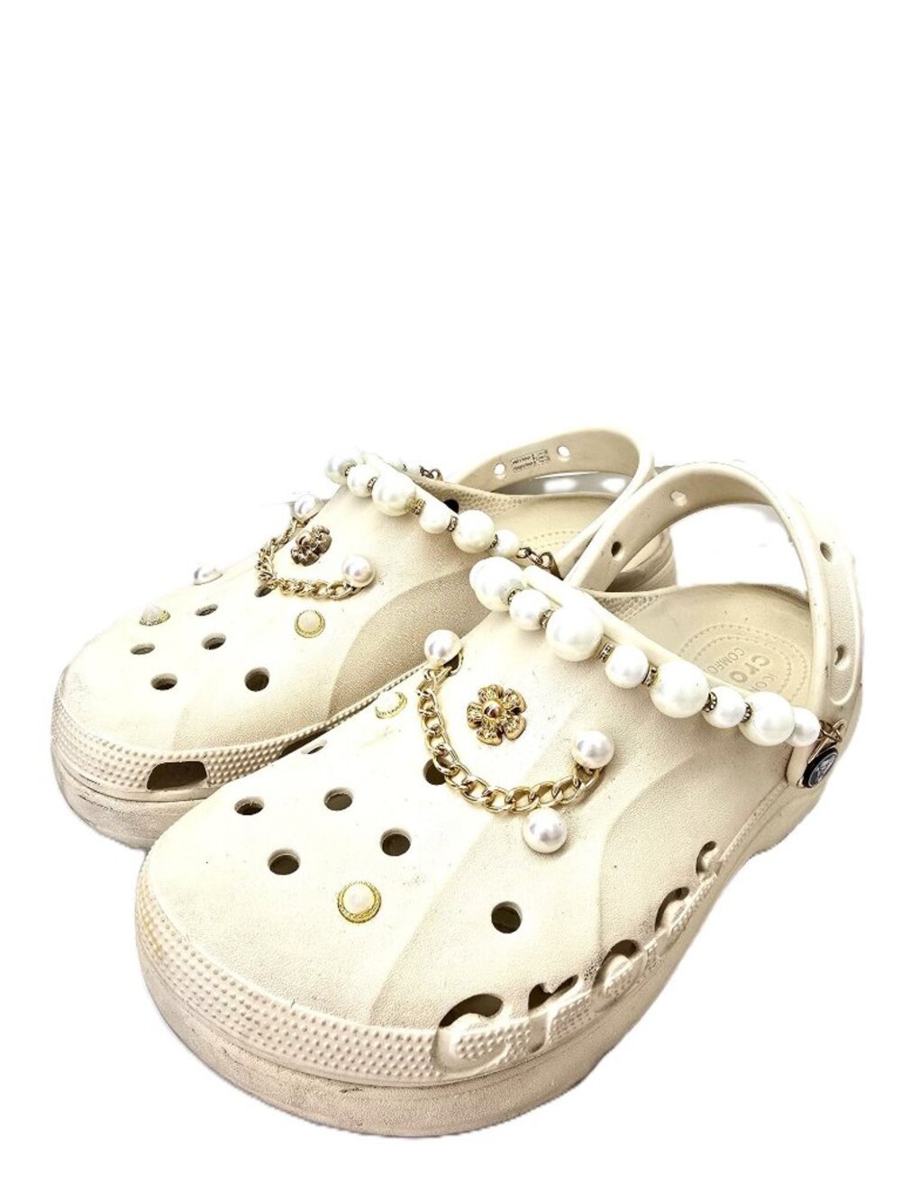 Crocs Bone White Pearl Studded Charm Platform Clogs Women Size 11